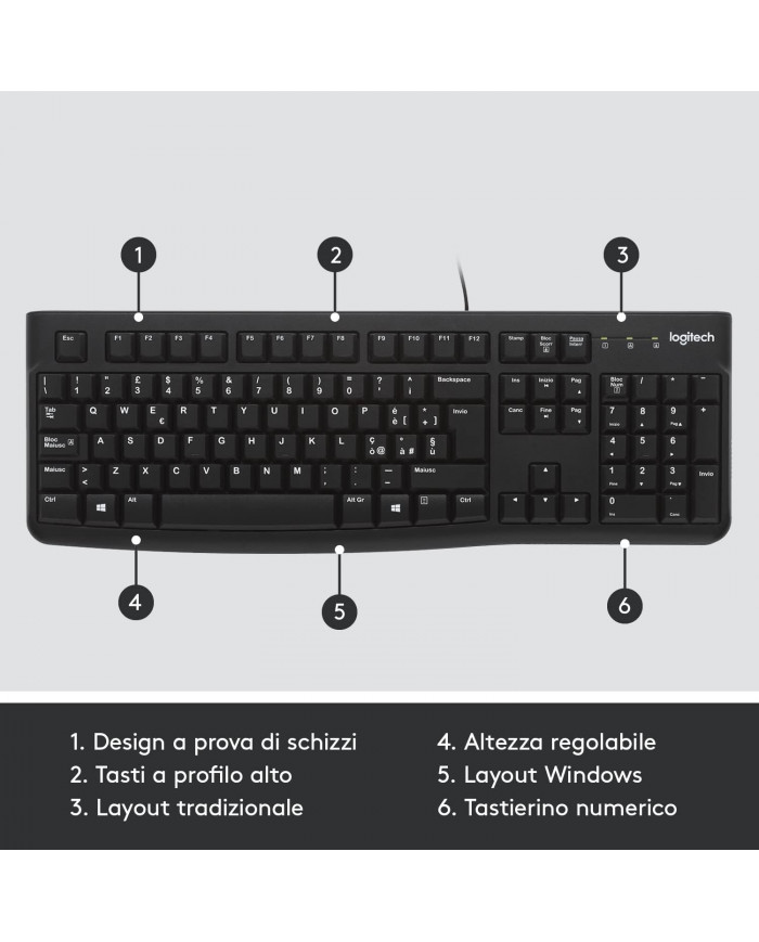 Logitech k120 Tastiera pc layout italiano con cavo - nuova